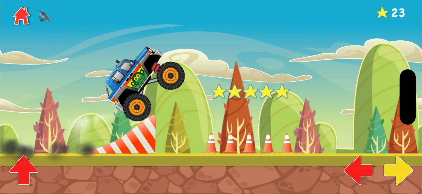 A truck jumping off a ramp in an autumn world