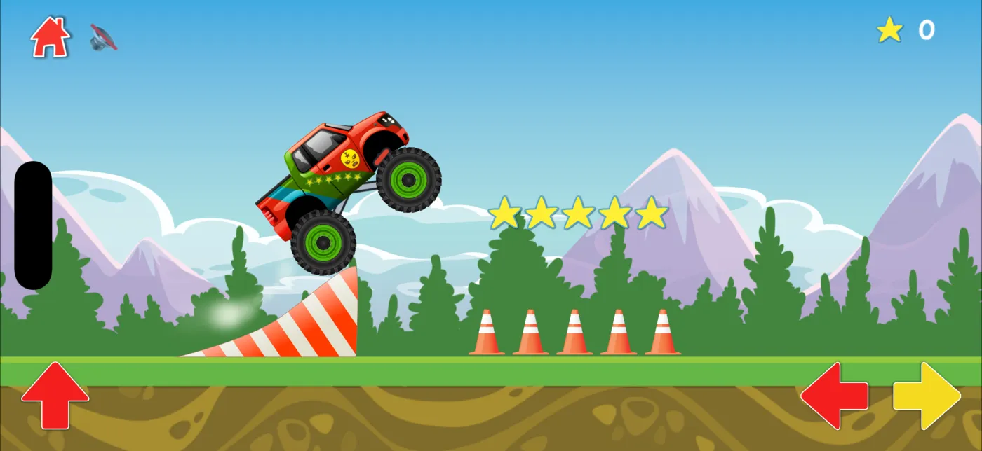 A truck jumping a ramp with a row of stars in the sky