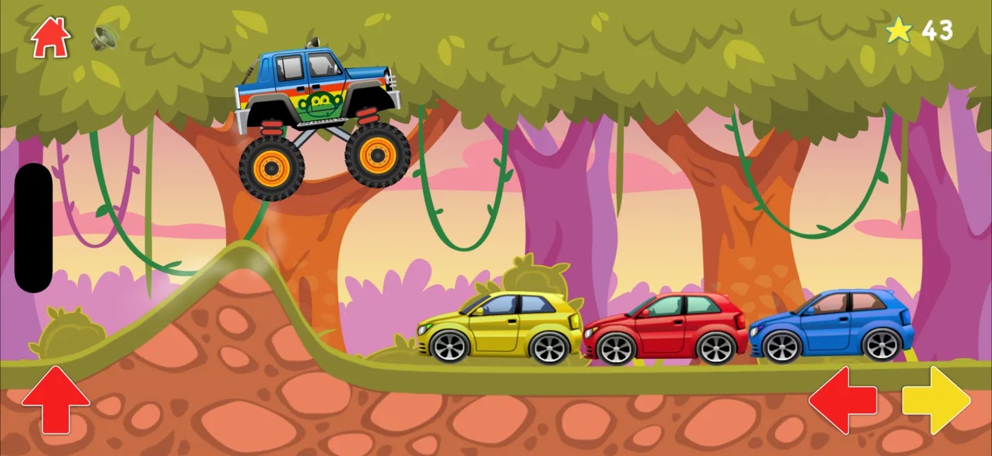 A monster truck jumping over three cars in a jungle world