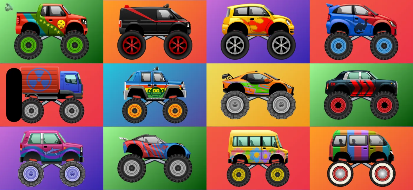 The truck selection screen with twelve colorful monster trucks