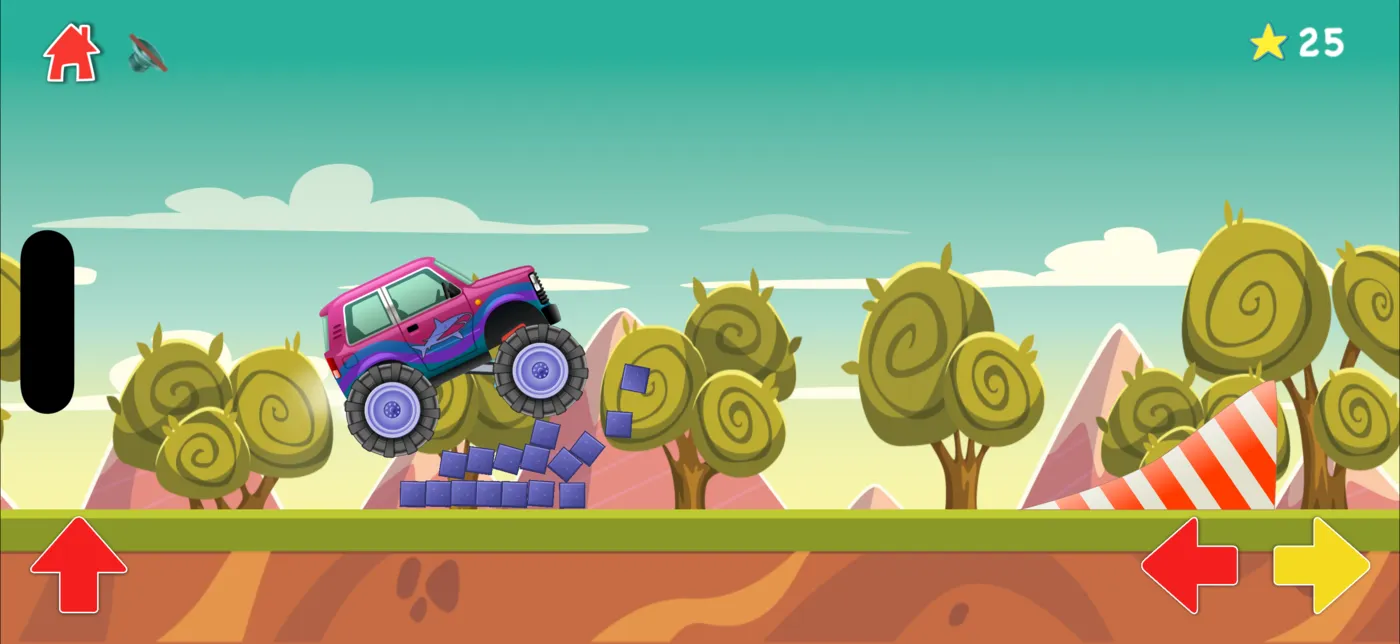 A truck smashing through a wall of purple bricks