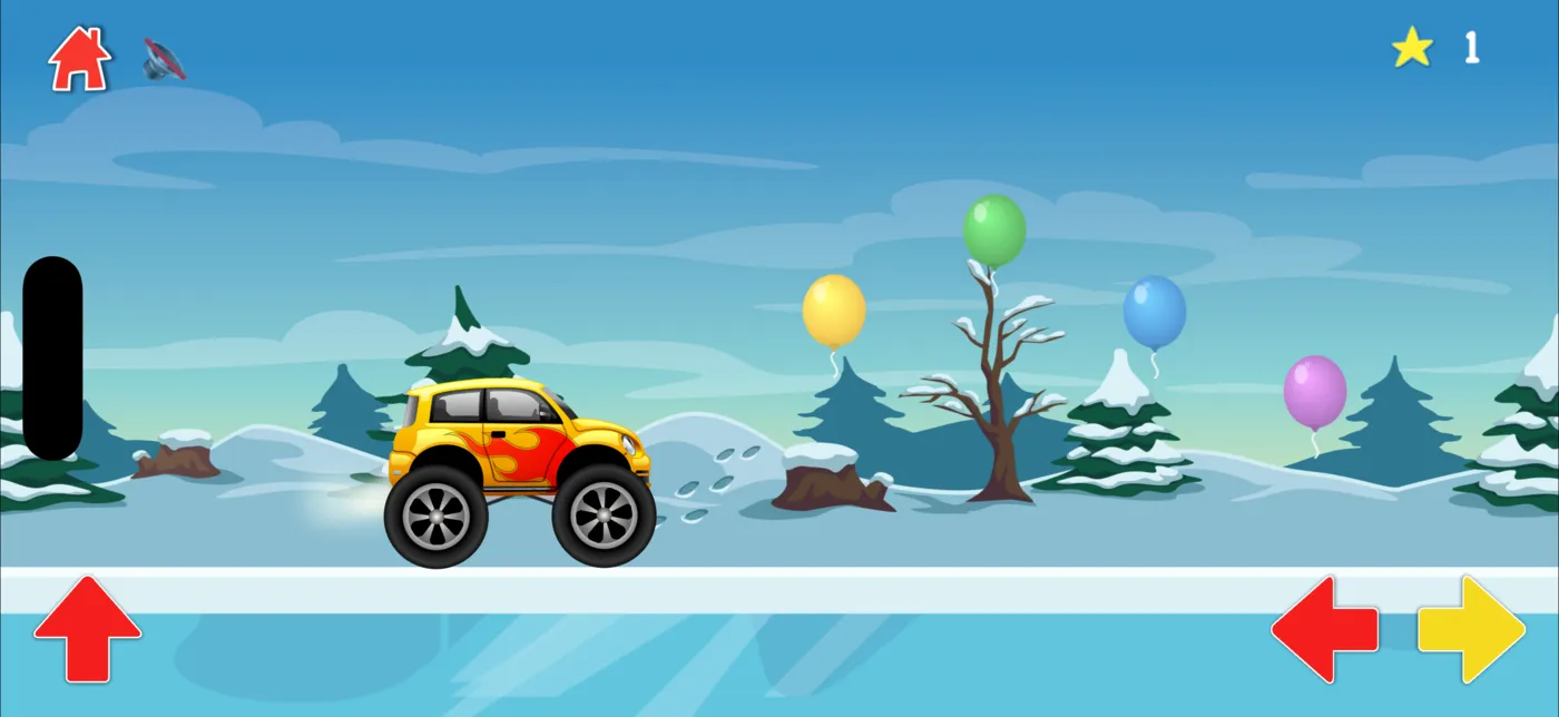 A truck driving toward balloons in a snowy world