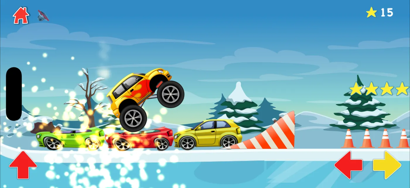 A monster truck crushing cars in the snow